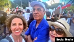 Parviz Sabeti (center) attends a rally against the Islamic republic of Iran in California in February 2023