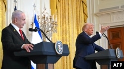 U.S. President Donald Trump (right) and Israeli Prime Minister Benjamin Netanyahu hold a press conference in the East Room of the White House in Washington, D.C., on February 4.